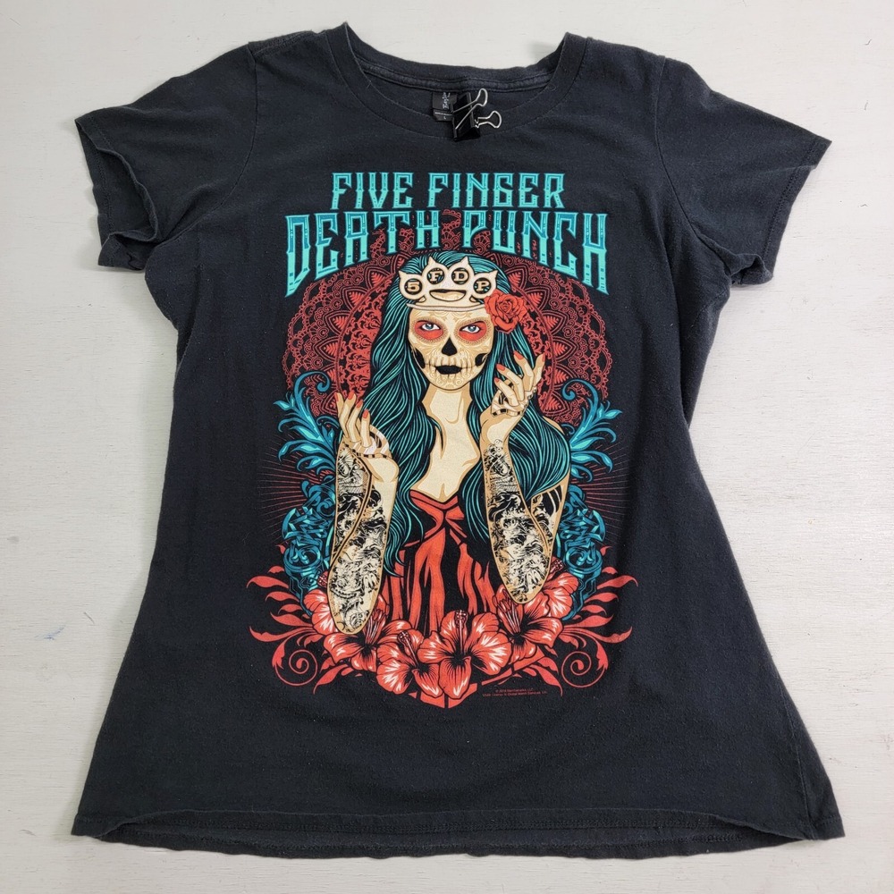 Womens Five Finger Death Punch Brass Knuckle Graphic T-Shirt 2016 Black Size‎ L